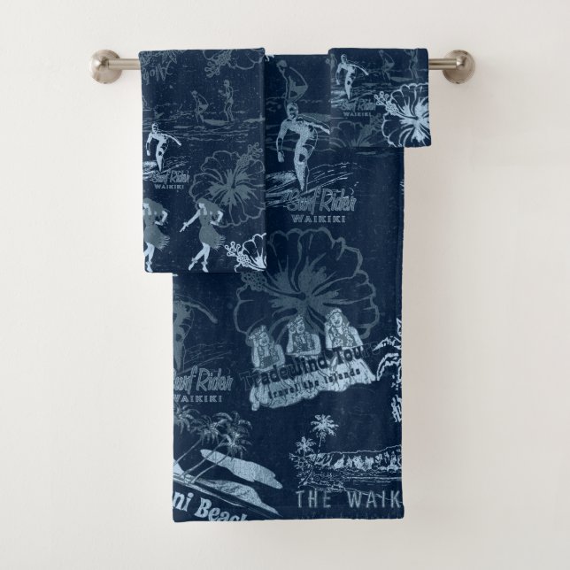 Vintage Hawaiian Travel Collage in Indigo Blues Bath Towel Set (Insitu)