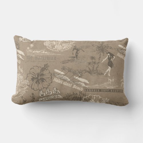 Vintage Hawaiian Travel Collage in Taupe Lumbar Pillow