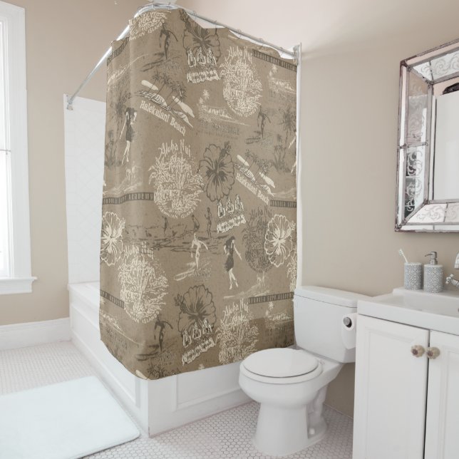 Vintage Hawaiian Travel Collage in Taupe Shower Curtain (In Situ)
