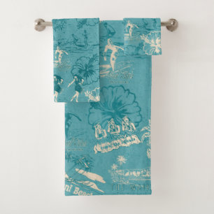 Vintage Hawaiian Travel Collage in Teal Bath Towel Set
