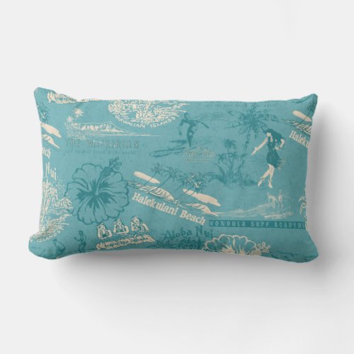 Vintage Hawaiian Travel Collage in Teal Lumbar Pillow