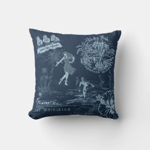 Vintage Hawaiian Travel Collage Indigo Reversible Outdoor Pillow