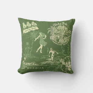 Vintage Hawaiian Travel Collage Olive Reversible Outdoor Pillow