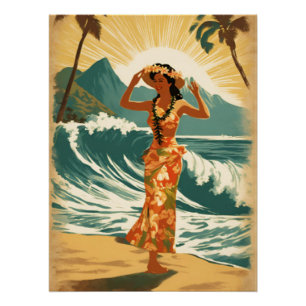 Vintage Hawaiian Travel Honolulu Mid-Pacific Poster