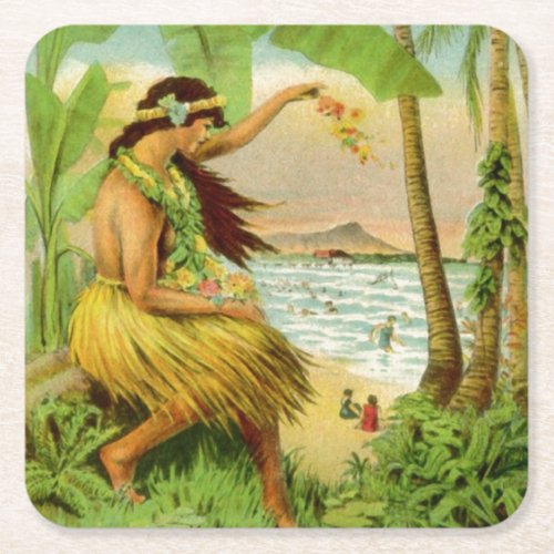 Vintage Hawaiian Travel Square Paper Coaster