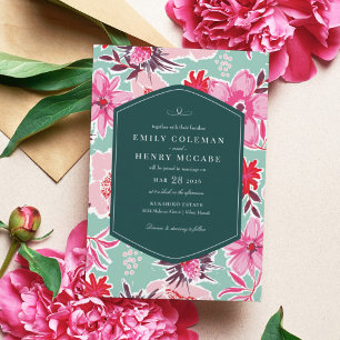 Vintage Hawaiian Tropical Pink Teal Wedding Invitation