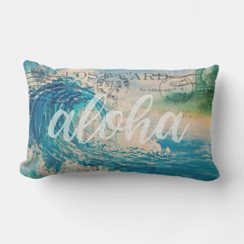 Vintage Hawaiian Wave Postcard Lumbar Pillow