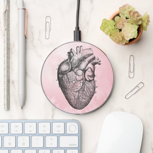 Vintage Heart Anatomy on Watercolor Background  Wireless Charger