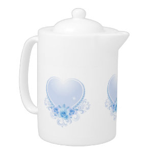 Vintage Heart and Roses Blue Teapot