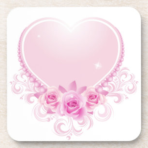 Vintage Heart and Roses Pink Beverage Coaster