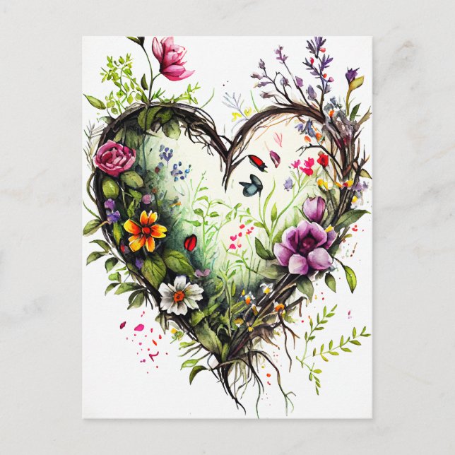 Vintage heart and watercolor flowers love card (Front)