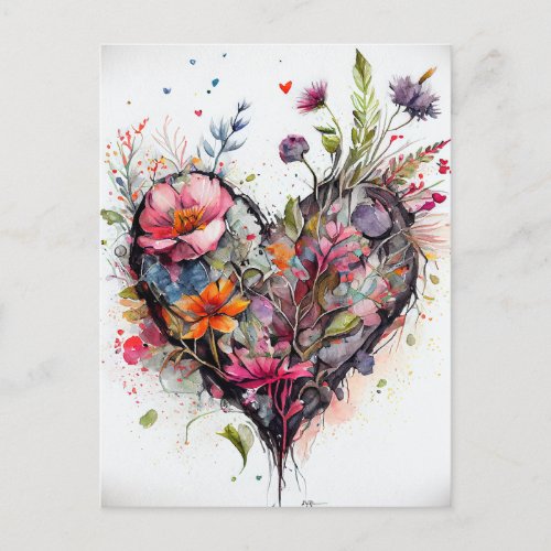 Vintage heart and watercolor Flowers romantic card