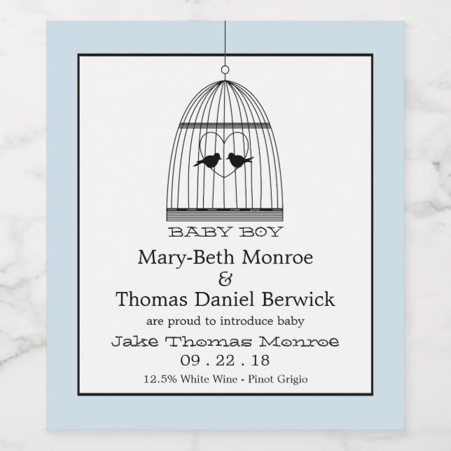 Vintage Heart Birdcage Baby Boy Announcement Wine Label (Single Label)