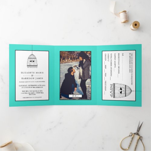 Vintage Heart Birdcage Turquoise Wedding Suite Tri_Fold Invitation
