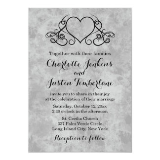 Vintage Heart Black & Gray Watercolor Wedding Invitation