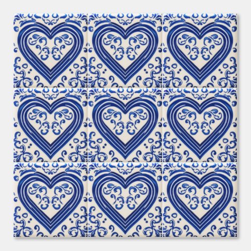 Vintage Heart _ blue and cream Dutch tile effect Wallpaper