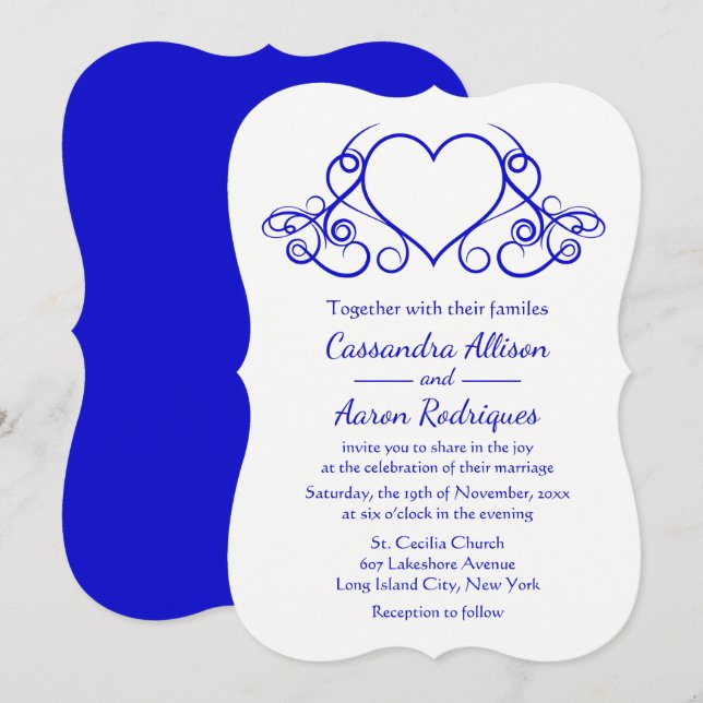 Vintage Heart Cobalt Blue & White Wedding Love Invitation (Front/Back)