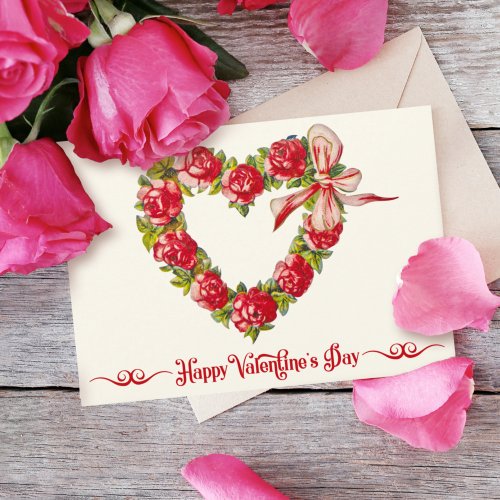 Vintage Heart Floral Wreath Happy Valentines Day Holiday Card