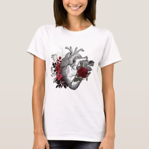 Vintage Heart illustration with blood red roses T_Shirt