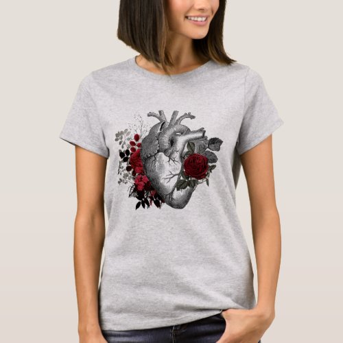 Vintage Heart illustration with blood red roses  T T_Shirt