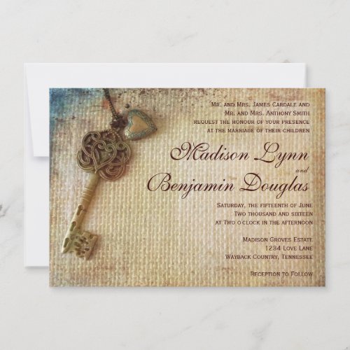Vintage Heart Key Rustic Burlap Wedding Invitation