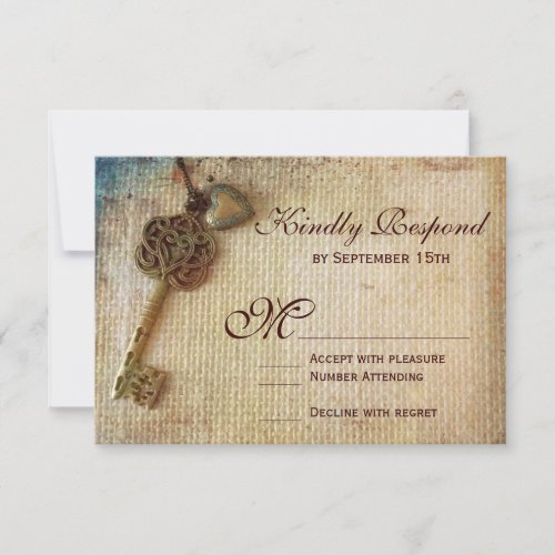 Vintage Heart Key Rustic Burlap Wedding RSVP Cards