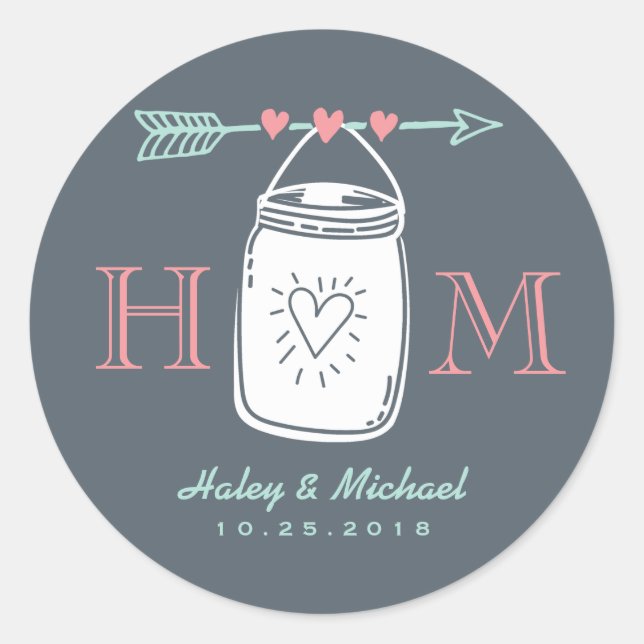 Vintage Heart Mason Jar Monogram Wedding Sticker (Front)