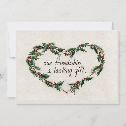 Vintage Heart of Holly Friendship Saying  Holiday Card