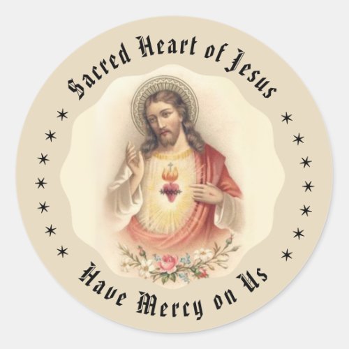 Vintage Heart of Jesus with Floral Roses Classic Round Sticker