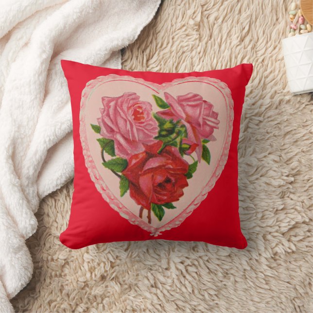Vintage Heart Pink Red Roses Valentine Throw Pillow (Blanket)