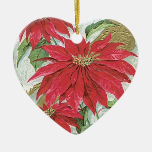 Vintage Heart Poinsettia Ceramic Ornament