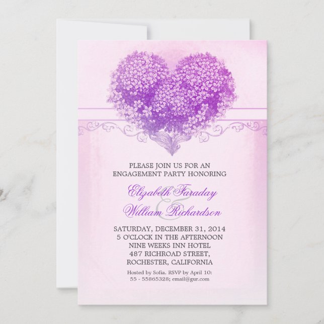 vintage heart purple engagement party invitations (Front)
