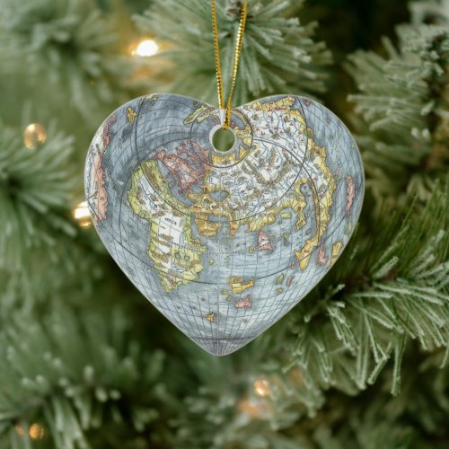 Vintage Heart Shaped Antique World Map Peter Apian Ceramic Ornament