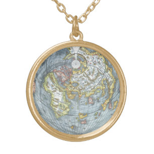 Vintage Heart Shaped Antique World Map Peter Apian Gold Plated Necklace