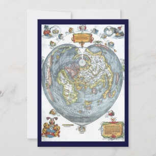 Vintage Heart Shaped Antique World Map Peter Apian Invitation