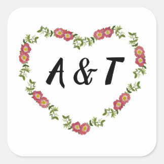 Vintage Heart-Shaped Wreath Flowers Wedding Red Square Sticker