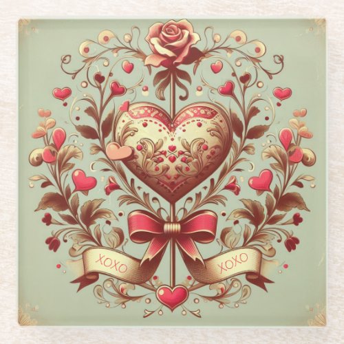 Vintage Heart Valentines day xoxo  Glass Coaster