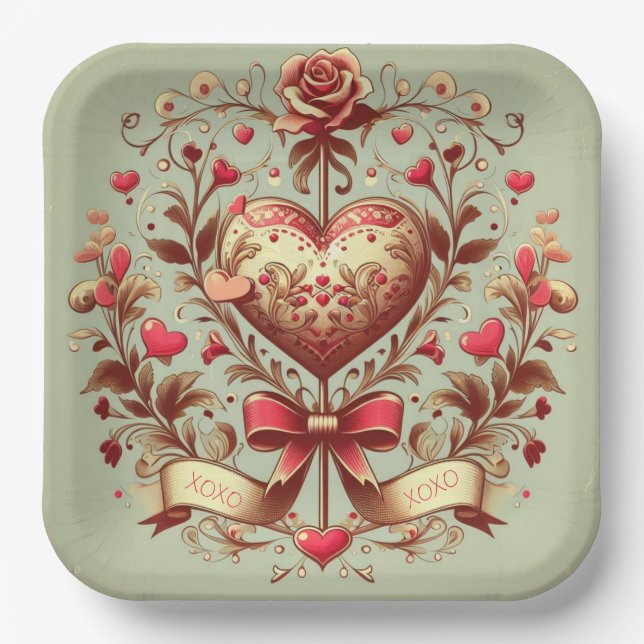 Vintage Heart Valentine's day xoxo  Paper Plates (Front)