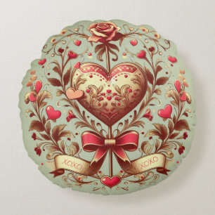 Vintage Heart Valentine's day xoxo Round Pillow