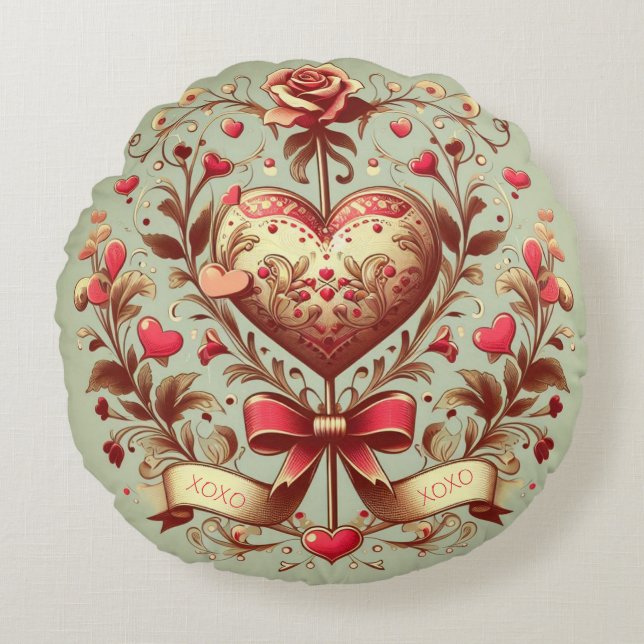 Vintage Heart Valentine's day xoxo  Round Pillow (Front)