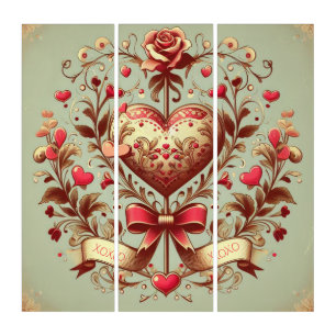 Vintage Heart Valentine's day xoxo  Triptych