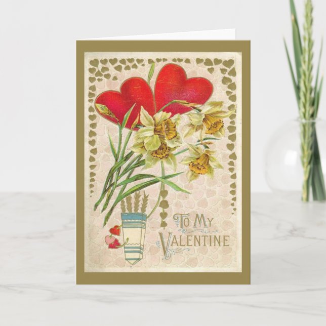 Vintage Hearts and Daffodils Valentines Day Holiday Card (Front)