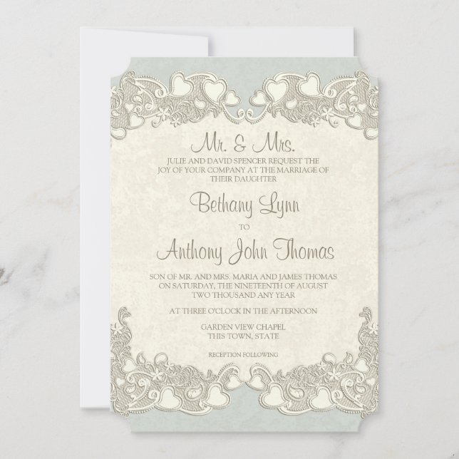 Vintage Hearts Country Sage Green Invitation (Front)