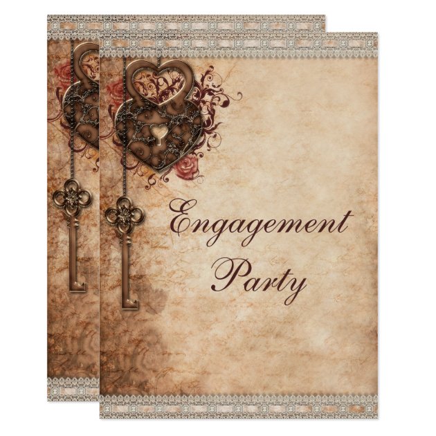 Vintage Hearts Lock And Key Engagement Party Invitation