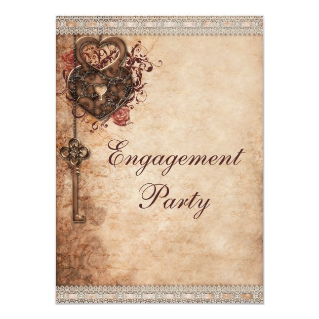 Vintage Hearts Lock And Key Engagement Party Invitation