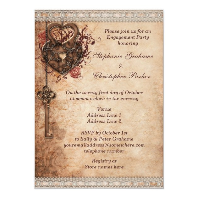 Vintage Hearts Lock And Key Engagement Party Invitation