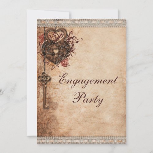 Vintage Hearts Lock and Key Engagement Party Invitation