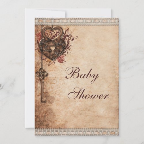Vintage Hearts Lock and Key Neutral Baby Shower Invitation