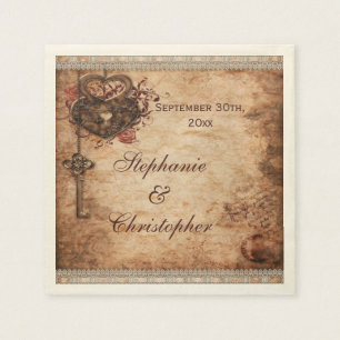 Vintage Hearts Lock and Key Personalized Wedding Paper Napkins