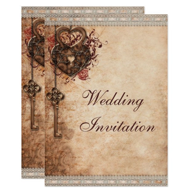 Vintage Hearts Lock And Key Wedding Invitation